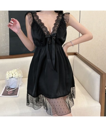 Lace Kimono Dressing Gown Women Sexy Nightgown With Bowknot Summer V-Neck Sleepdress Sleeveless Chemise Nightwear Loungewear ...