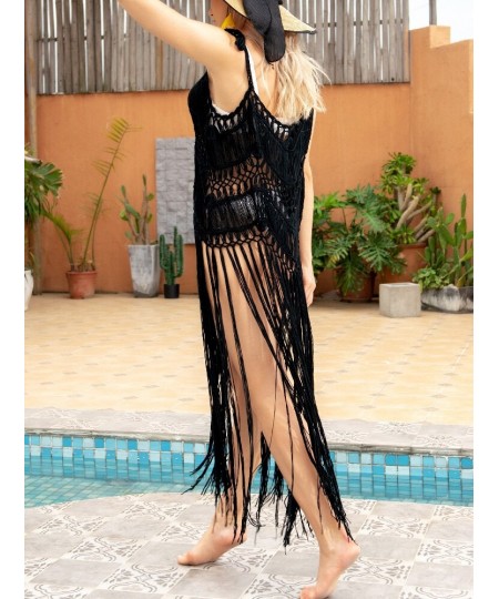 Supper Fringe Beach Dress for Women's 2022 Trend Swimsuit Cover Up White Knitted Cover-ups Maxi Black V Neck Holiday Exits Ca...