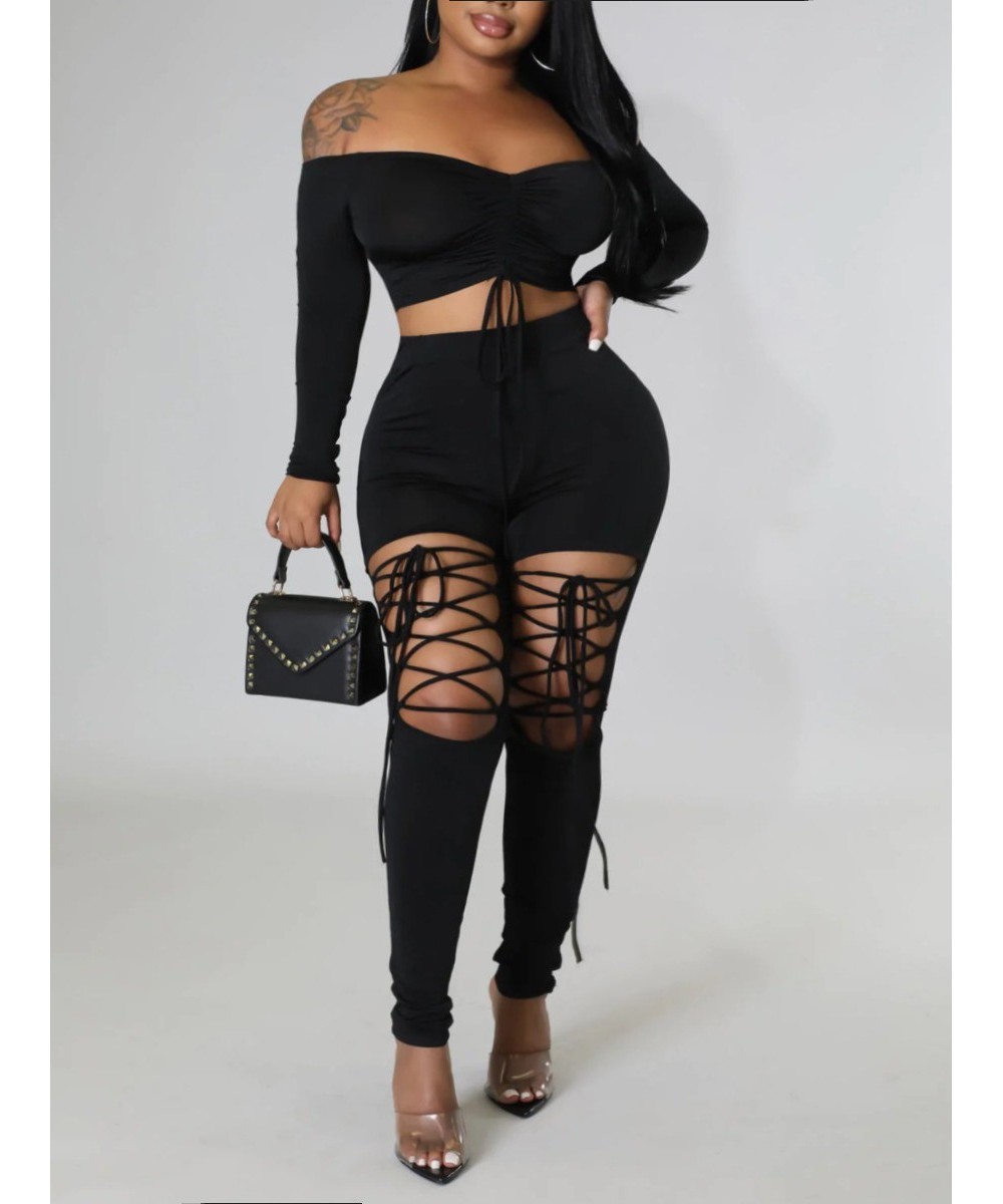 Plus Size Off The Shoulder Drawstring Cut Out Pants Set Two-pices Skinny Bateau Neck Long Sleeve sexy women's clothing $52.95...