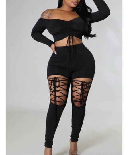 Plus Size Off The Shoulder Drawstring Cut Out Pants Set Two-pices Skinny Bateau Neck Long Sleeve sexy women's clothing $52.95...