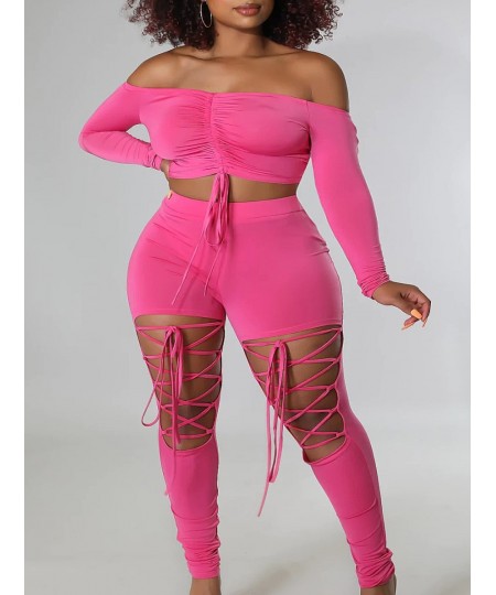 Plus Size Off The Shoulder Drawstring Cut Out Pants Set Two-pices Skinny Bateau Neck Long Sleeve sexy women's clothing $52.95...