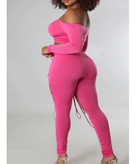 Plus Size Off The Shoulder Drawstring Cut Out Pants Set Two-pices Skinny Bateau Neck Long Sleeve sexy women's clothing $52.95...