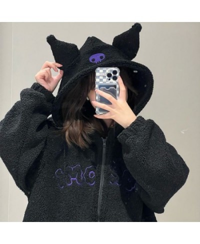 Lambswool Black Hoodies Women Fuzzy Hoodies Zipper With Pocket Autumn Cartoon Embroidery Sweatshirts Aesthetic Oversized Fema...