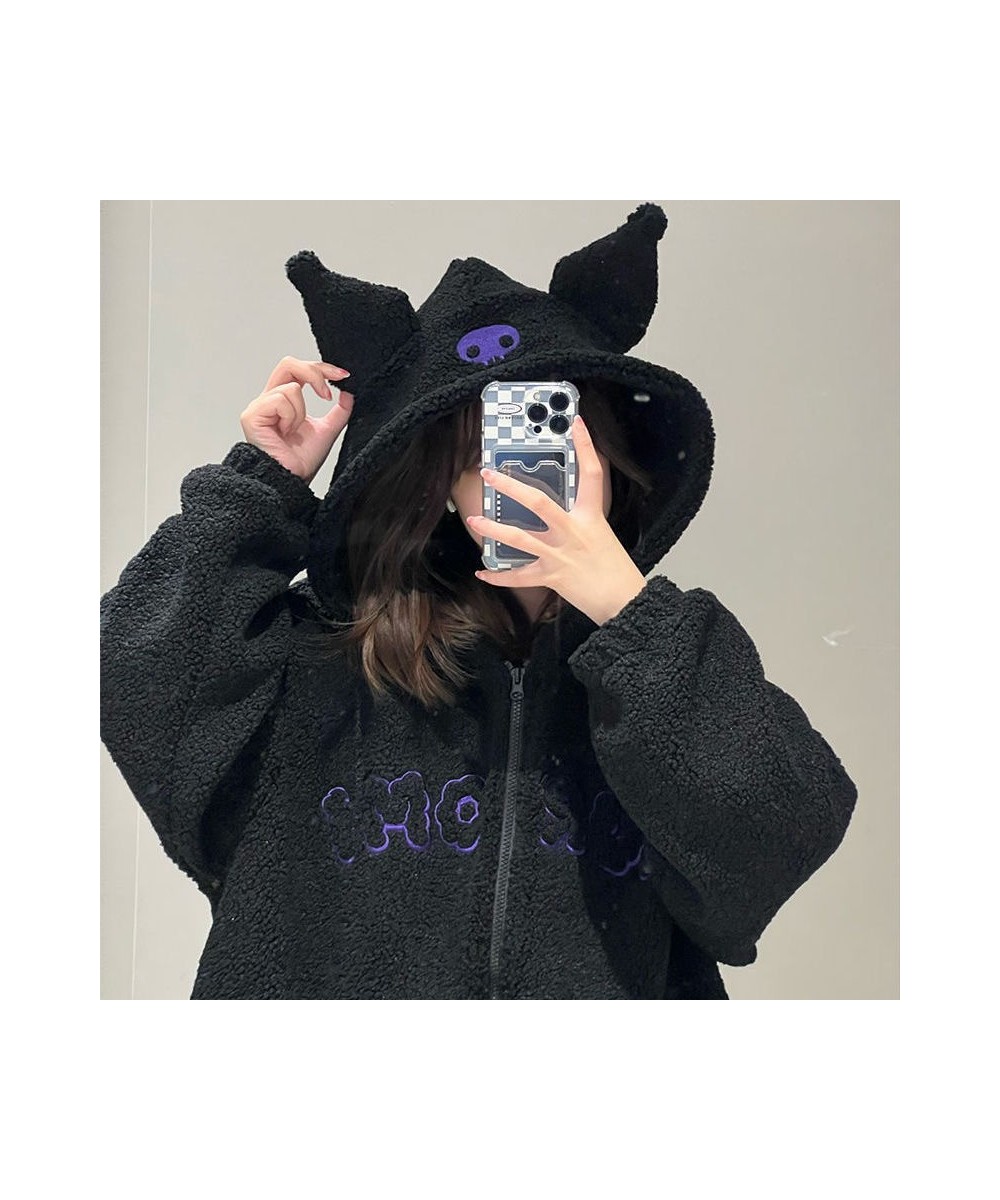 Lambswool Black Hoodies Women Fuzzy Hoodies Zipper With Pocket Autumn Cartoon Embroidery Sweatshirts Aesthetic Oversized Fema...