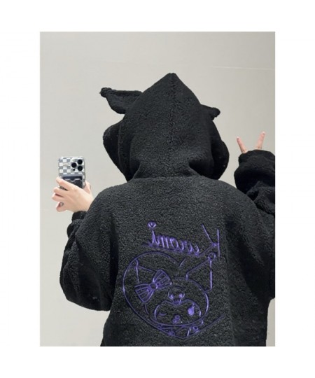 Lambswool Black Hoodies Women Fuzzy Hoodies Zipper With Pocket Autumn Cartoon Embroidery Sweatshirts Aesthetic Oversized Fema...