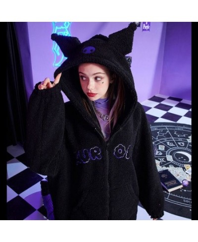 Lambswool Black Hoodies Women Fuzzy Hoodies Zipper With Pocket Autumn Cartoon Embroidery Sweatshirts Aesthetic Oversized Fema...