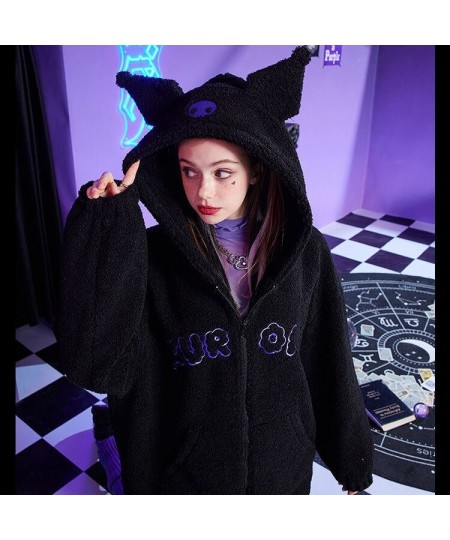 Lambswool Black Hoodies Women Fuzzy Hoodies Zipper With Pocket Autumn Cartoon Embroidery Sweatshirts Aesthetic Oversized Fema...