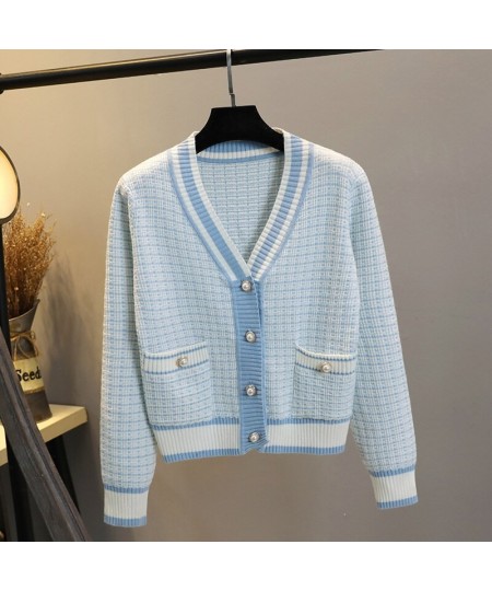 2022 Korean Fashion Plaid Short Cardigan Women's V Neck Knitted Sweater Coat Female Autumn Winter Casual Vintag Knitwear $37....