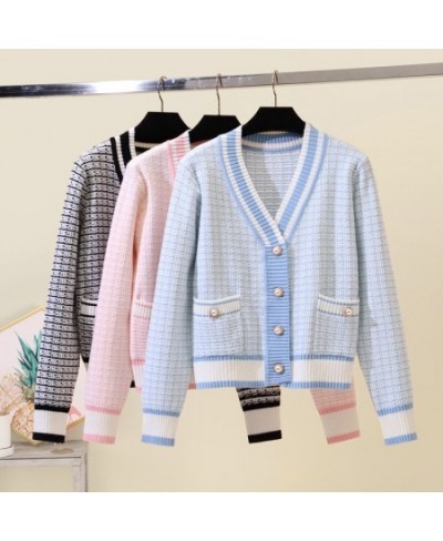 2022 Korean Fashion Plaid Short Cardigan Women's V Neck Knitted Sweater Coat Female Autumn Winter Casual Vintag Knitwear $37....