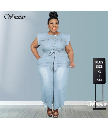 Jumpsuit Women Plus Size Denim Round Neck Lace Up Sleeveless Trousers Pockets Stretch New Bodysuit Wholesale $61.01 - Plus Si...