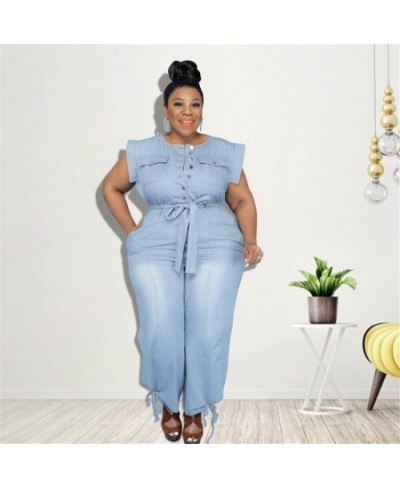 Jumpsuit Women Plus Size Denim Round Neck Lace Up Sleeveless Trousers Pockets Stretch New Bodysuit Wholesale $61.01 - Plus Si...