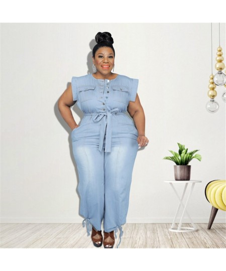 Jumpsuit Women Plus Size Denim Round Neck Lace Up Sleeveless Trousers Pockets Stretch New Bodysuit Wholesale $61.01 - Plus Si...