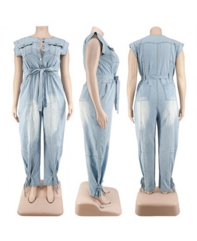 Jumpsuit Women Plus Size Denim Round Neck Lace Up Sleeveless Trousers Pockets Stretch New Bodysuit Wholesale $61.01 - Plus Si...