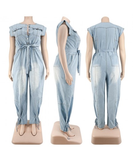 Jumpsuit Women Plus Size Denim Round Neck Lace Up Sleeveless Trousers Pockets Stretch New Bodysuit Wholesale $61.01 - Plus Si...