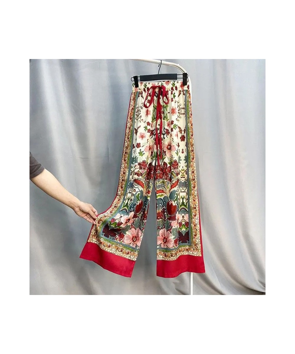 Boho Print High Waist Chiffon Ankle-Length Pants Women Baggy Casual Wide Leg Pantalones Summer Streetwear Straight Trousers N...