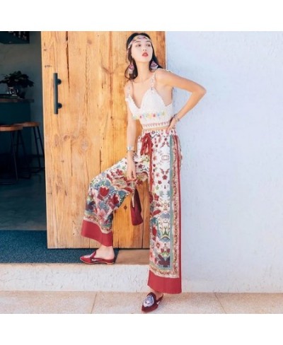 Boho Print High Waist Chiffon Ankle-Length Pants Women Baggy Casual Wide Leg Pantalones Summer Streetwear Straight Trousers N...