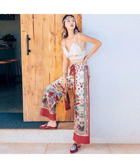 Boho Print High Waist Chiffon Ankle-Length Pants Women Baggy Casual Wide Leg Pantalones Summer Streetwear Straight Trousers N...