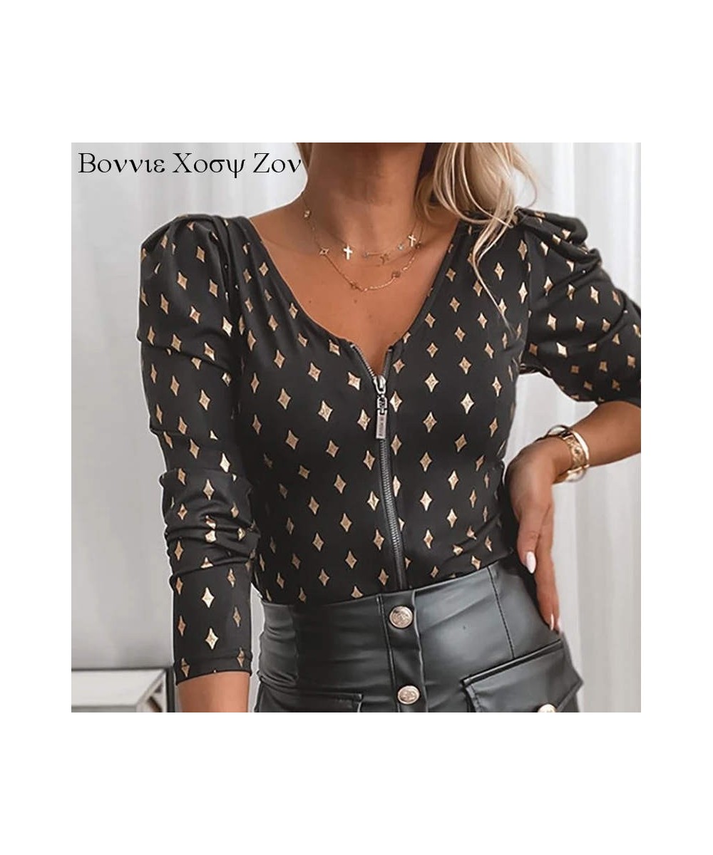 Women Colorblock V neck Star Print Zipper Design Long Sleeve Tops Workwear Causal Blouse Shirt $42.67 - Blouses & Shirts