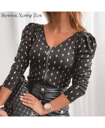 Women Colorblock V neck Star Print Zipper Design Long Sleeve Tops Workwear Causal Blouse Shirt $42.67 - Blouses & Shirts