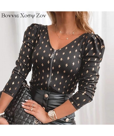 Women Colorblock V neck Star Print Zipper Design Long Sleeve Tops Workwear Causal Blouse Shirt $42.67 - Blouses & Shirts