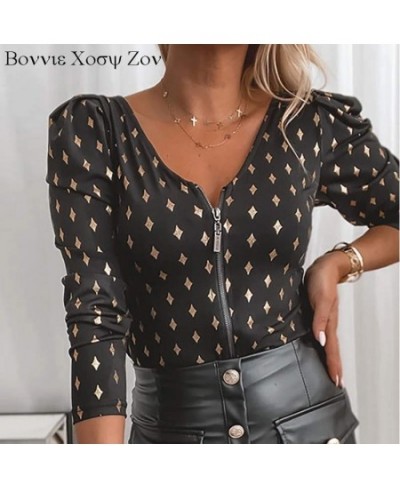 Women Colorblock V neck Star Print Zipper Design Long Sleeve Tops Workwear Causal Blouse Shirt $42.67 - Blouses & Shirts