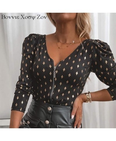 Women Colorblock V neck Star Print Zipper Design Long Sleeve Tops Workwear Causal Blouse Shirt $42.67 - Blouses & Shirts