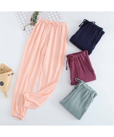 Pajamas Adult Elastic Waist Sleep Bottoms Solid Cotton Gauze Women Cuffed Trousers Baggy Men Sleepwear Homewear Loose Nightwe...