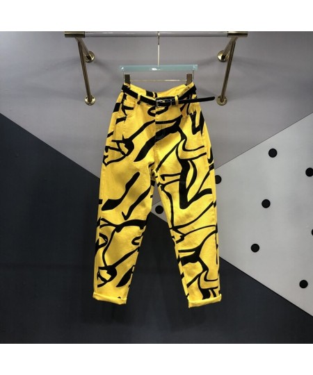 Irregular Yellow Printed Jeans Women's Autumn New High Waisted Jeans Ankle-length Pants Loose Harem Pants Women Jeans $70.37 ...