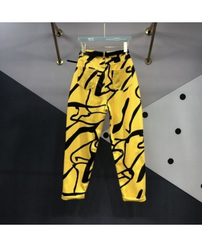 Irregular Yellow Printed Jeans Women's Autumn New High Waisted Jeans Ankle-length Pants Loose Harem Pants Women Jeans $70.37 ...