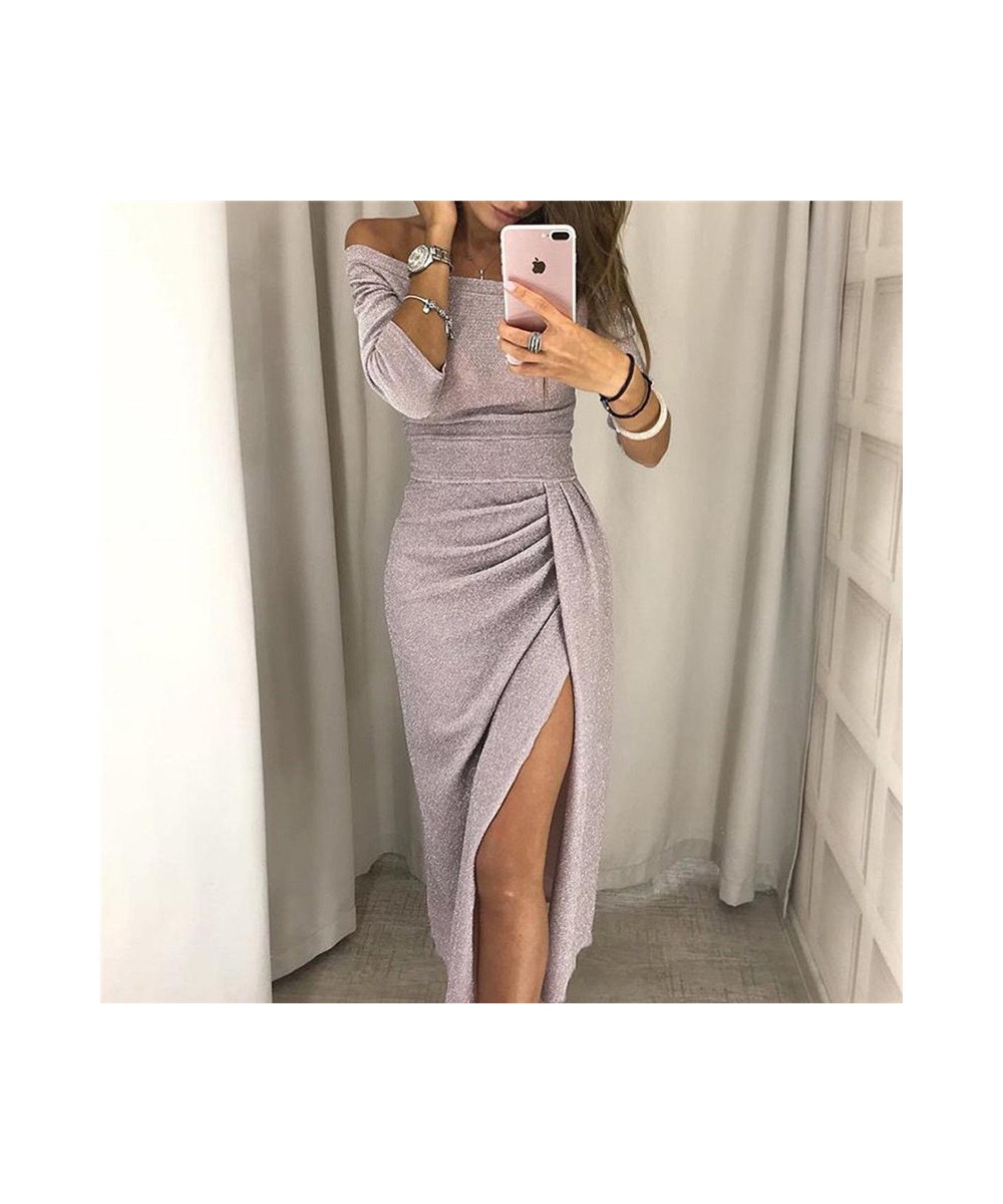 2023 New Women's Off Shoulder Long Sleeve Bodycon Evening Party Long Dress Asymmetrical Split Pencil Dresses S M L XL XXL $29...