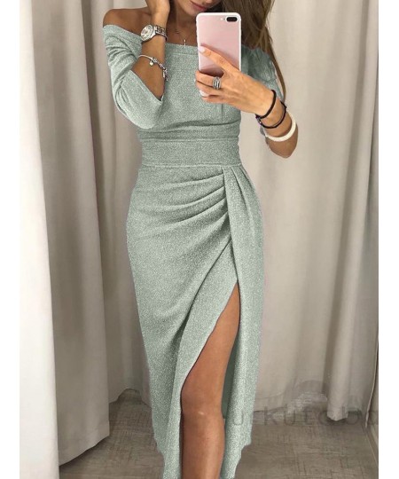 2023 New Women's Off Shoulder Long Sleeve Bodycon Evening Party Long Dress Asymmetrical Split Pencil Dresses S M L XL XXL $29...