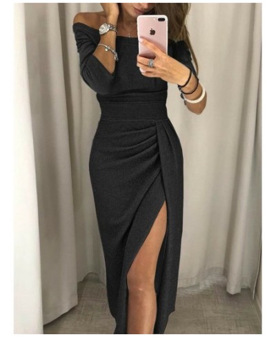 2023 New Women's Off Shoulder Long Sleeve Bodycon Evening Party Long Dress Asymmetrical Split Pencil Dresses S M L XL XXL $29...