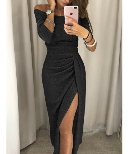 2023 New Women's Off Shoulder Long Sleeve Bodycon Evening Party Long Dress Asymmetrical Split Pencil Dresses S M L XL XXL $29...