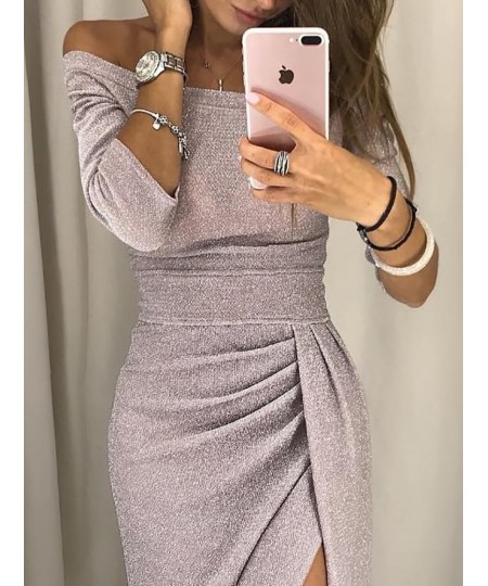 2023 New Women's Off Shoulder Long Sleeve Bodycon Evening Party Long Dress Asymmetrical Split Pencil Dresses S M L XL XXL $29...