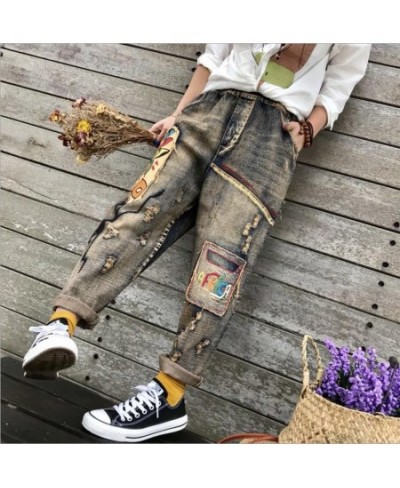 Spring New Jeans Womens Wash Embroidery Ripped denim Trousers Women's fashion zipper Elastic Waist Hole Cowboy Harem Pants L1...