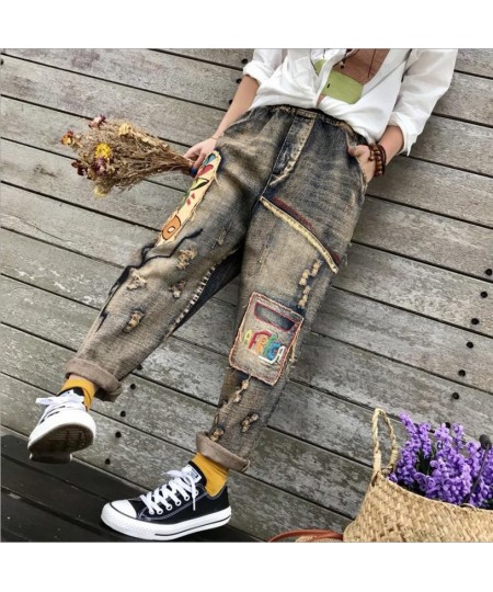 Spring New Jeans Womens Wash Embroidery Ripped denim Trousers Women's fashion zipper Elastic Waist Hole Cowboy Harem Pants L1...