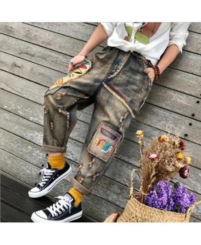 Spring New Jeans Womens Wash Embroidery Ripped denim Trousers Women's fashion zipper Elastic Waist Hole Cowboy Harem Pants L1...