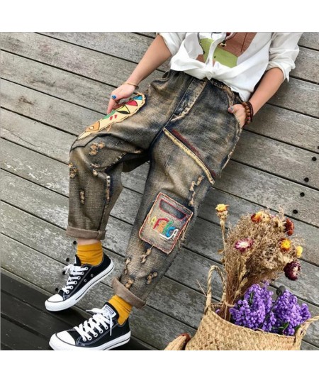 Spring New Jeans Womens Wash Embroidery Ripped denim Trousers Women's fashion zipper Elastic Waist Hole Cowboy Harem Pants L1...