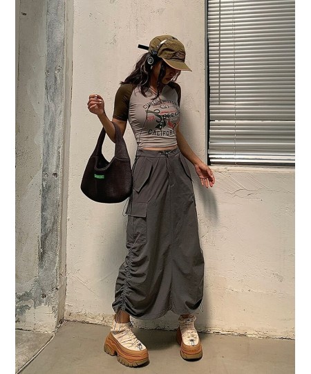 Women Bella Same Style Y2K Cargo Baggy Long High Waist Drawstring Pocket Skirt $51.59 - Skirts