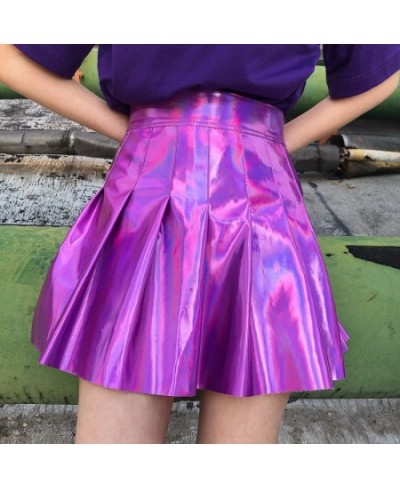 Japanese soft sister original style laser bright face fluorescent pleated skirt high waist skirt PU leather skirt performance...