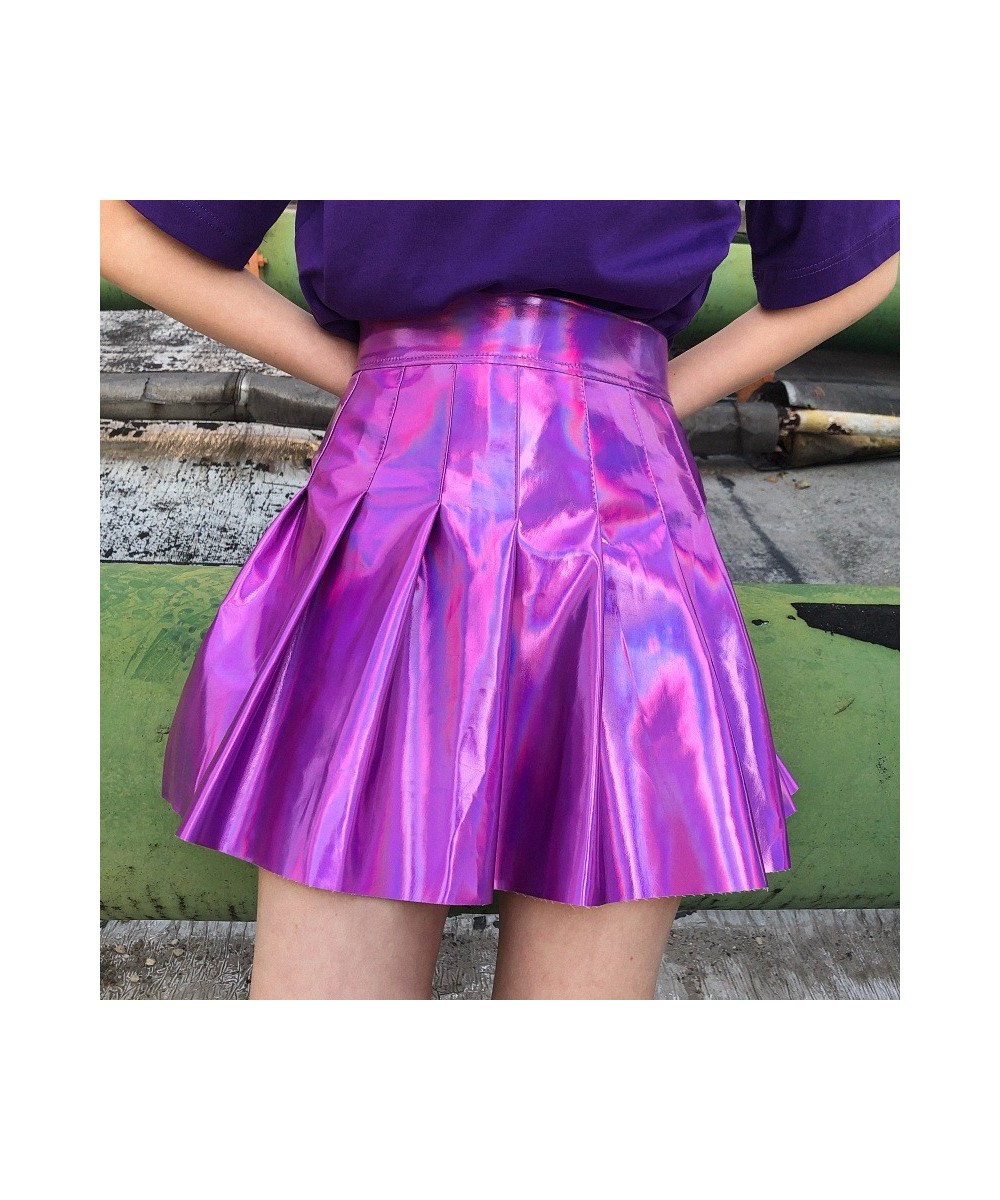 Japanese soft sister original style laser bright face fluorescent pleated skirt high waist skirt PU leather skirt performance...