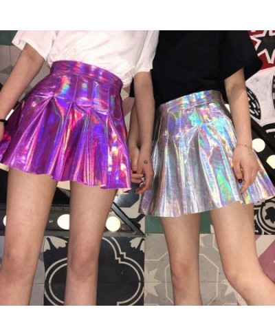 Japanese soft sister original style laser bright face fluorescent pleated skirt high waist skirt PU leather skirt performance...