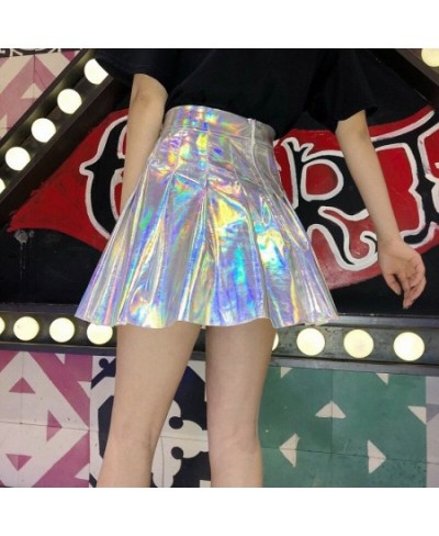 Japanese soft sister original style laser bright face fluorescent pleated skirt high waist skirt PU leather skirt performance...