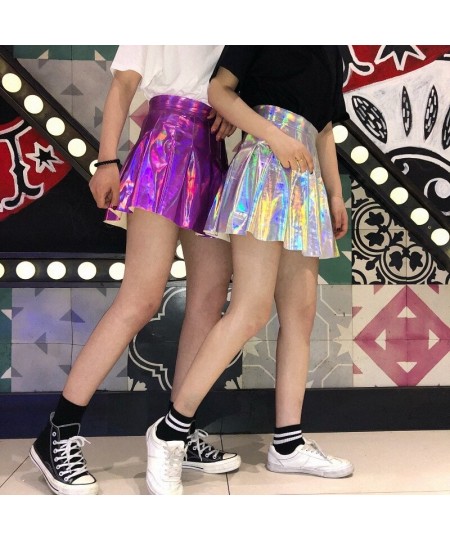 Japanese soft sister original style laser bright face fluorescent pleated skirt high waist skirt PU leather skirt performance...