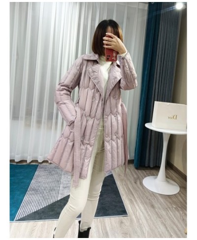 Winter Long Down Jackets Women White Duck Down Coat Female Turn-down Collar Double-breasted Jacket Casual Sash Tie Up Coat $1...