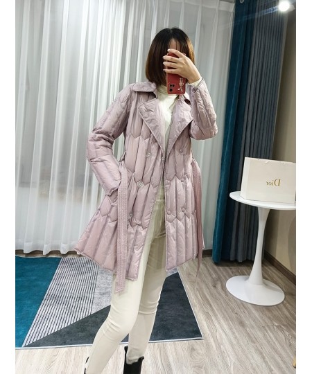 Winter Long Down Jackets Women White Duck Down Coat Female Turn-down Collar Double-breasted Jacket Casual Sash Tie Up Coat $1...