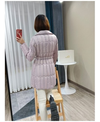 Winter Long Down Jackets Women White Duck Down Coat Female Turn-down Collar Double-breasted Jacket Casual Sash Tie Up Coat $1...