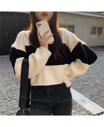 Fall Winter Striped Print Women Long Sleeve O Neck Sweater Korean Fashion Harajuku Vintage Knitted Oversized Pullovers Crop $...