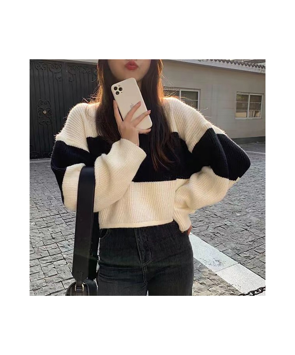 Fall Winter Striped Print Women Long Sleeve O Neck Sweater Korean Fashion Harajuku Vintage Knitted Oversized Pullovers Crop $...