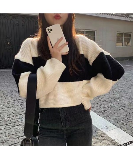 Fall Winter Striped Print Women Long Sleeve O Neck Sweater Korean Fashion Harajuku Vintage Knitted Oversized Pullovers Crop $...